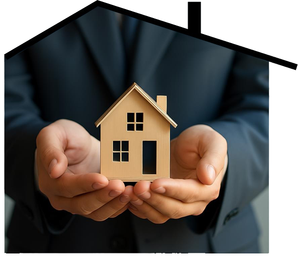 A person in a suit holding a small wooden model house with windows and a door.