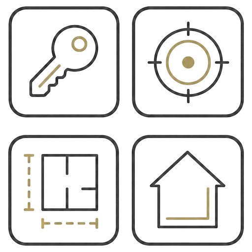 Line illustration of a key, target, floor plan and house, representing additional surveying services