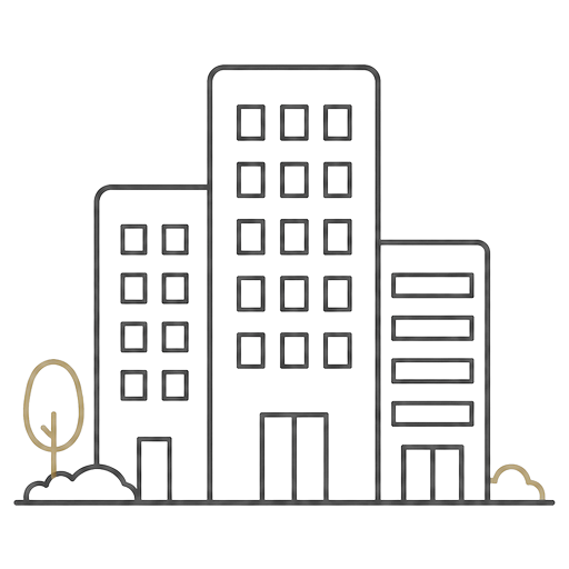 Line illustration of commercial office buildings, representing commercial building surveys