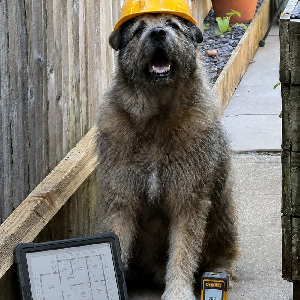 Humphrey the office dog in a hard hat beside a tablet showing a floor plan and a laser measure
