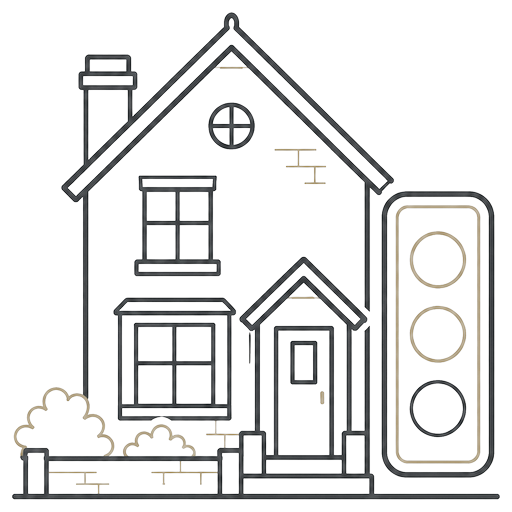 Line illustration of a house beside a traffic light, representing the RICS Level 1 Condition Report