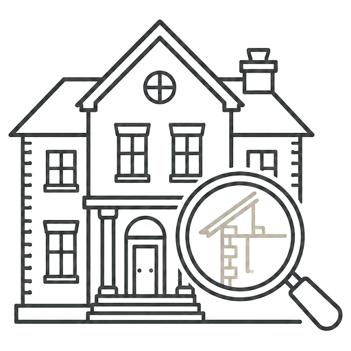 Line illustration of a house with a magnifying glass, representing the RICS Level 2 Homebuyer Survey
