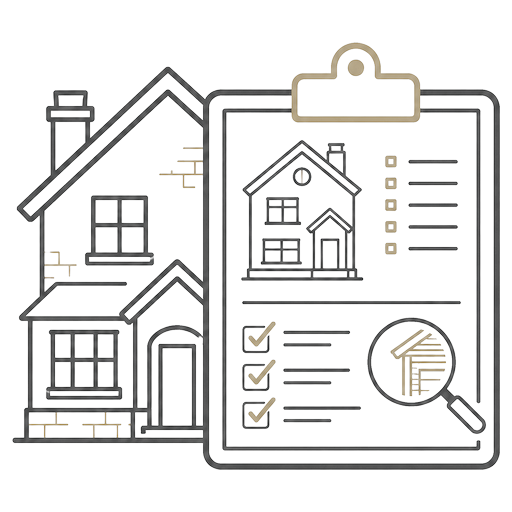 Line illustration of a house with an inspection checklist and magnifying glass, representing the RICS Level 3 Building Survey