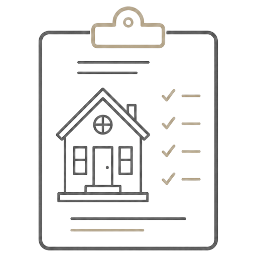 Line illustration of a clipboard with a house and checklist, representing a schedule of condition