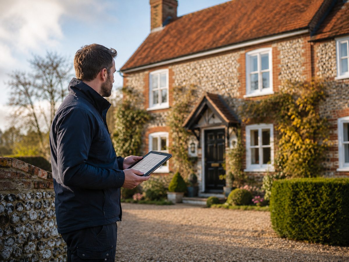 RICS surveyor reviewing property plans on a tablet outside a flint and brick period cottage