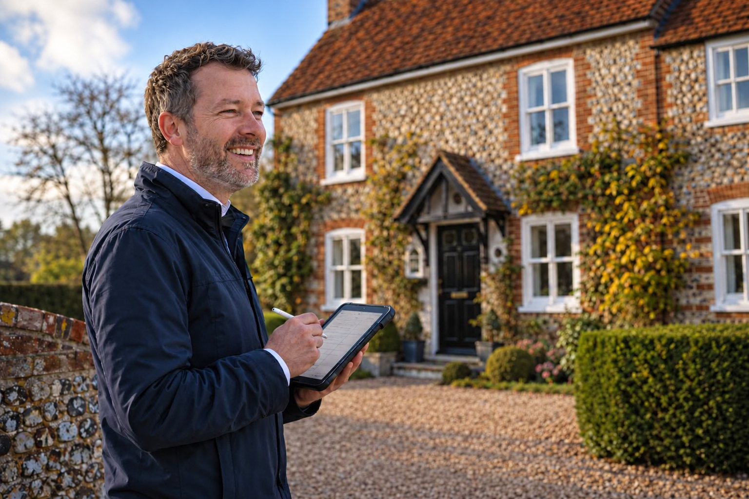 A building surveyor records inspection notes on a tablet outside a two-storey brick and flint house with a tiled roof.