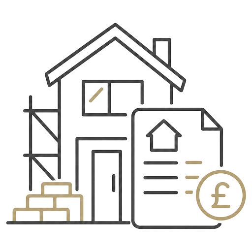 Line illustration of a house with scaffolding, building materials and a costed report