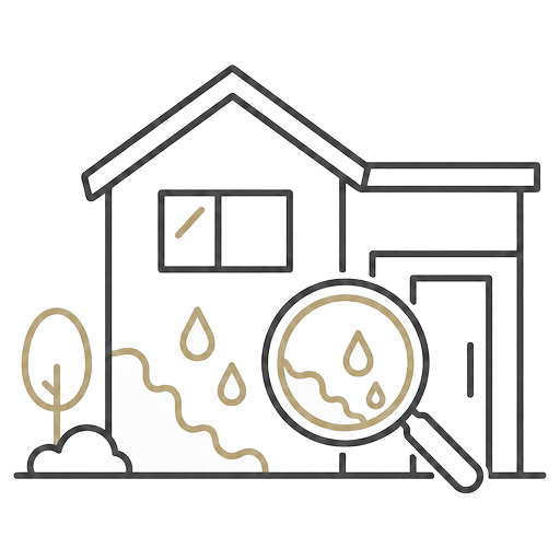 Line illustration of a house with damp staining and a magnifying glass showing moisture