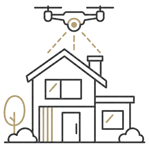 Line illustration of a drone flying above a house carrying out a roof inspection