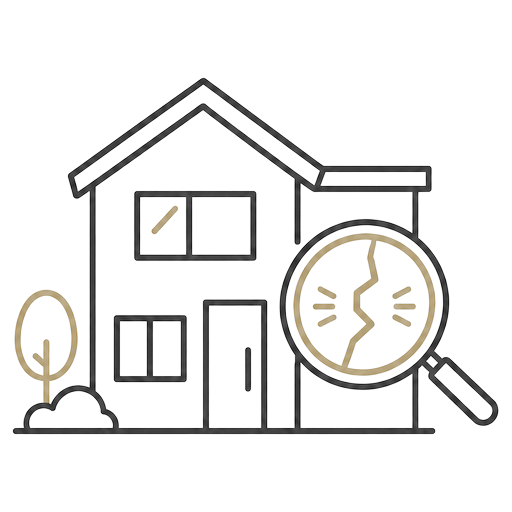 Line illustration of a house with a magnifying glass focused on a crack in the wall