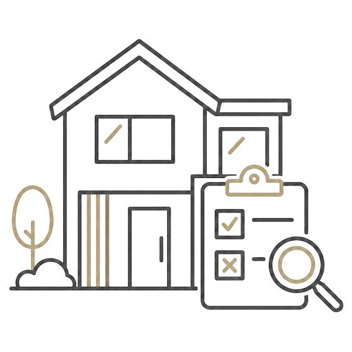Line illustration of a new build house with a snagging checklist and magnifying glass
